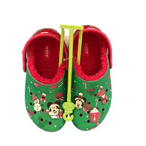 2024 Disney Kids Crocs Christmas Mickey Mouse green/ red Lined Clogs Size J2 New
